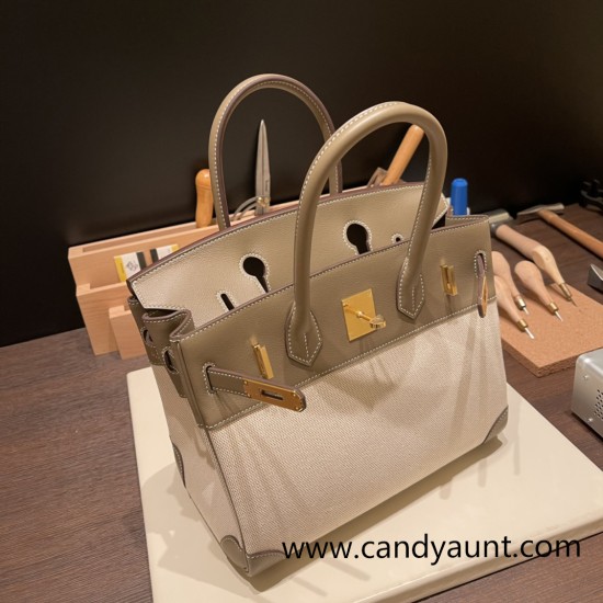 Hermes birkin 30cm swift& Canvas 18 /Étoupe Grey Silver Hardware Full Handmade Hermes birkin 30cm swift& Canvas 18 /Étoupe Grey Silver Hardware Full Handmade