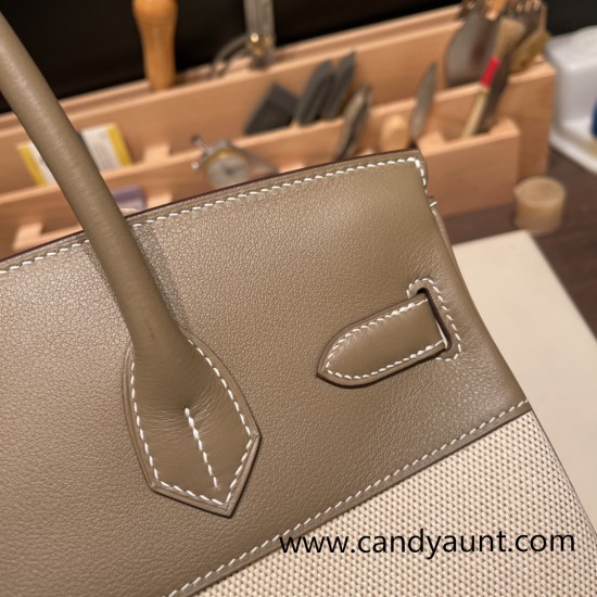 Hermes birkin 30cm swift& Canvas 18 /Étoupe Grey Silver Hardware Full Handmade Hermes birkin 30cm swift& Canvas 18 /Étoupe Grey Silver Hardware Full Handmade
