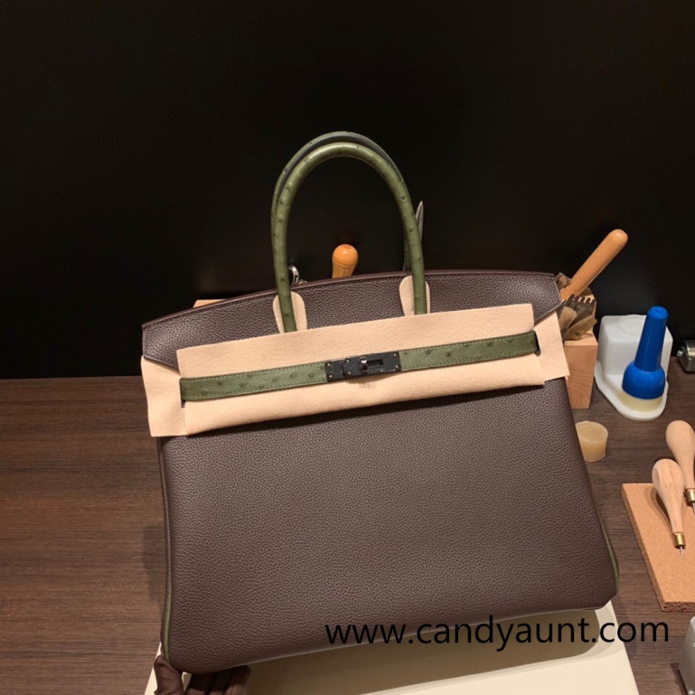 Hermes Birkin 35cm togo & Ostrich 46/ Ebene& V6/ Canope Silver Hardware Full Handmade 004