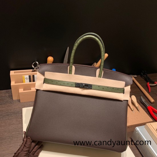 Hermes Birkin 35cm togo & Ostrich 46/ Ebene& V6/ Canope Silver Hardware Full Handmade Hermes Birkin 35cm togo & Ostrich 46/ Ebene& V6/ Canope Silver Hardware Full Handmade