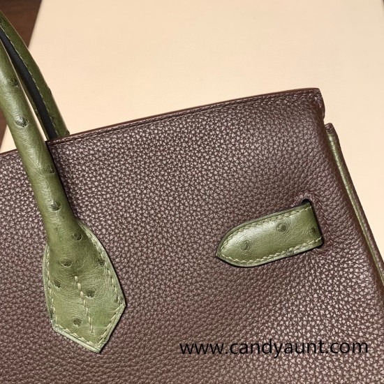 Hermes Birkin 35cm togo & Ostrich 46/ Ebene& V6/ Canope Silver Hardware Full Handmade Hermes Birkin 35cm togo & Ostrich 46/ Ebene& V6/ Canope Silver Hardware Full Handmade