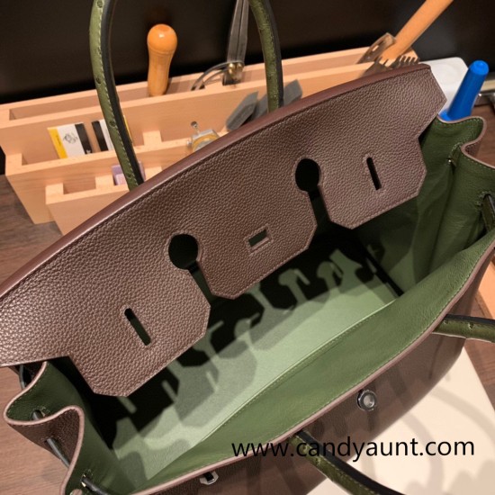 Hermes Birkin 35cm togo & Ostrich 46/ Ebene& V6/ Canope Silver Hardware Full Handmade Hermes Birkin 35cm togo & Ostrich 46/ Ebene& V6/ Canope Silver Hardware Full Handmade