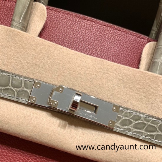 Birkin35cm evercolor& chamois 55/ Rouge H & 81 /Gris Tourterelle Silver Hardware Full Handmade Birkin35cm evercolor& chamois 55/ Rouge H & 81 /Gris Tourterelle Silver Hardware Full Handmade