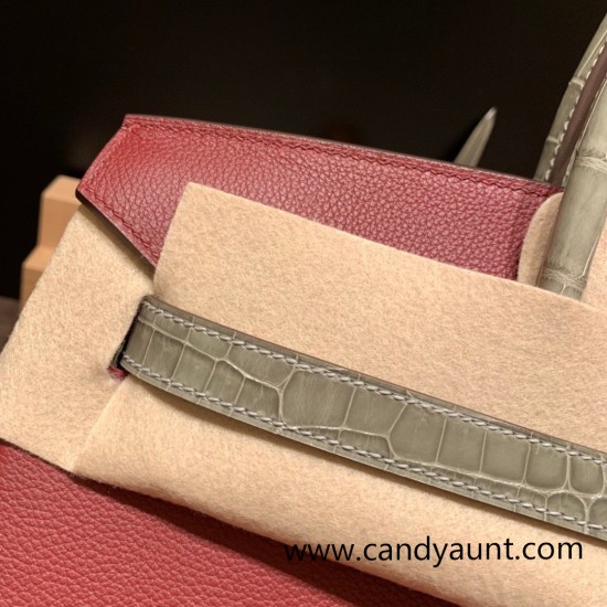 Birkin35cm evercolor& chamois 55/ Rouge H & 81 /Gris Tourterelle Silver Hardware Full Handmade Birkin35cm evercolor& chamois 55/ Rouge H & 81 /Gris Tourterelle Silver Hardware Full Handmade