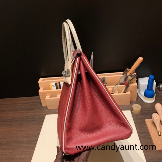 Birkin35cm evercolor& chamois 55/ Rouge H & 81 /Gris Tourterelle Silver Hardware Full Handmade Birkin35cm evercolor& chamois 55/ Rouge H & 81 /Gris Tourterelle Silver Hardware Full Handmade