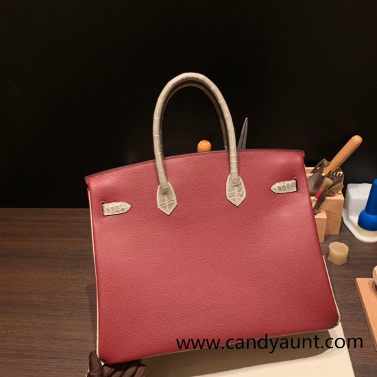 Birkin35cm evercolor& chamois 55/ Rouge H & 81 /Gris Tourterelle Silver Hardware Full Handmade Birkin35cm evercolor& chamois 55/ Rouge H & 81 /Gris Tourterelle Silver Hardware Full Handmade