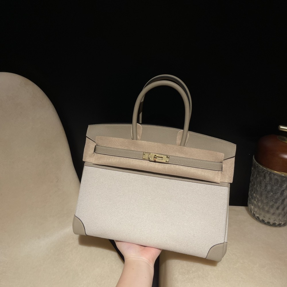 Hermès Birkin 35 (Togo Leather & Canvas) – Color: Tortue Gray with Gold Hardware