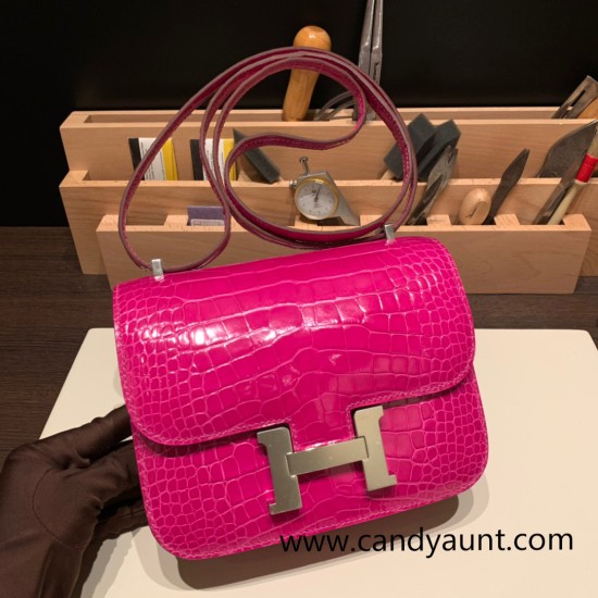 Hermes Constance 19cm Shiny Alligator Crocodile J5 /Rose Scheherazade 18cm Full Handmade Hermes Constance 19cm Shiny Alligator Crocodile J5 /Rose Scheherazade 18cm Full Handmade