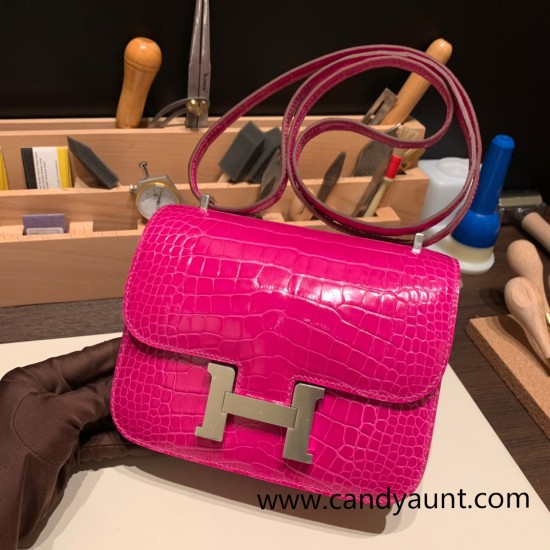 Hermes Constance 19cm Shiny Alligator Crocodile J5 /Rose Scheherazade 18cm Full Handmade Hermes Constance 19cm Shiny Alligator Crocodile J5 /Rose Scheherazade 18cm Full Handmade