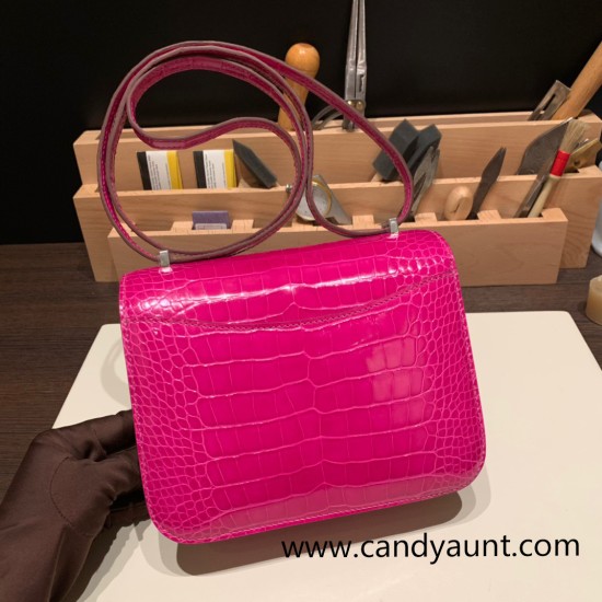 Hermes Constance 19cm Shiny Alligator Crocodile J5 /Rose Scheherazade 18cm Full Handmade Hermes Constance 19cm Shiny Alligator Crocodile J5 /Rose Scheherazade 18cm Full Handmade