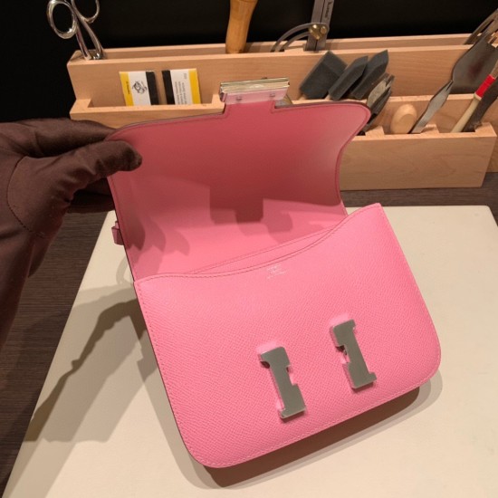 Hermes Constance 19cm Epsom 5P /Pink Silver Hardware 18cm Full Handmade Hermes Constance 19cm Epsom 5P /Pink Silver Hardware 18cm Full Handmade