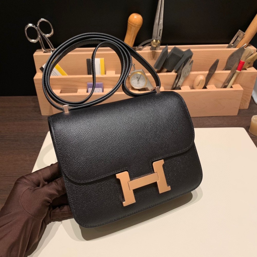 Constance 19cm Epsom 89/ Black (Noir) Rose Gold Hardware 18cm Full Handmade