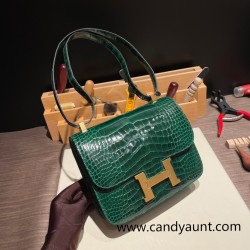 Hermes Constance 24cm Shiny Alligator Crocodile 67 /Vert Fonce Gold Hardware