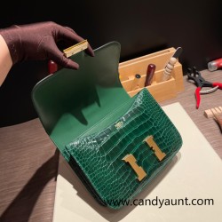 Hermes Constance 24cm Shiny Alligator Crocodile 67 /Vert Fonce Gold Hardware