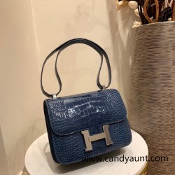 Hermes Constance 24cm Alligator Crocodile N7 /Blue Tempete Silver Hardware