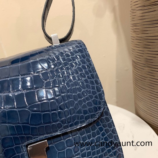 Hermes Constance 24cm Alligator Crocodile N7 /Blue Tempete Silver Hardware Hermes Constance 24cm Alligator Crocodile N7 /Blue Tempete Silver Hardware