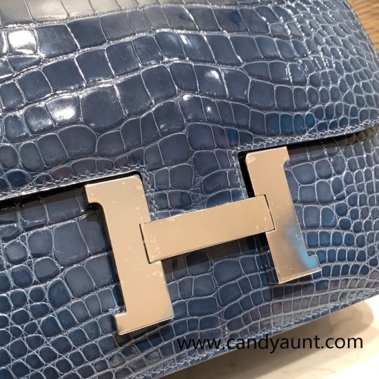Hermes Constance 24cm Alligator Crocodile N7 /Blue Tempete Silver Hardware Hermes Constance 24cm Alligator Crocodile N7 /Blue Tempete Silver Hardware