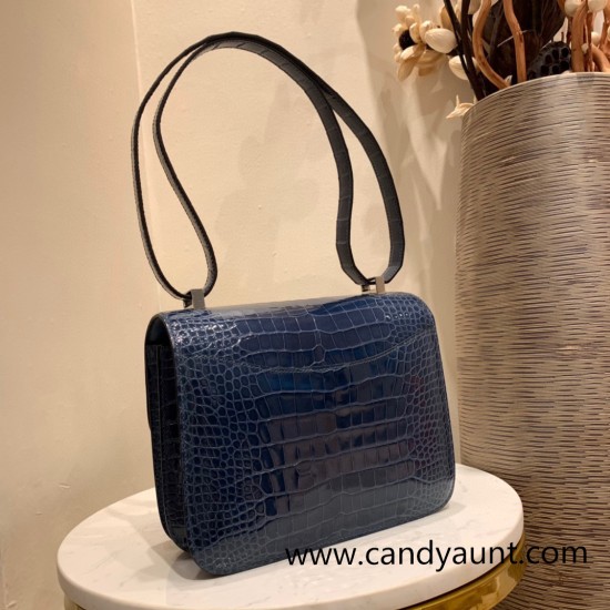 Hermes Constance 24cm Alligator Crocodile N7 /Blue Tempete Silver Hardware Hermes Constance 24cm Alligator Crocodile N7 /Blue Tempete Silver Hardware