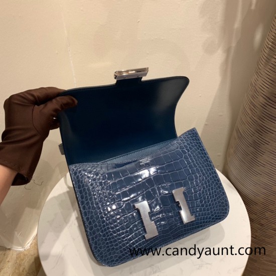 Hermes Constance 24cm Alligator Crocodile N7 /Blue Tempete Silver Hardware Hermes Constance 24cm Alligator Crocodile N7 /Blue Tempete Silver Hardware