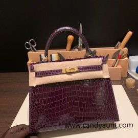 Hermes Kelly 25cm  sellier porous Crocodile 59 /Raisin Gold Hardware Full Handmade 001