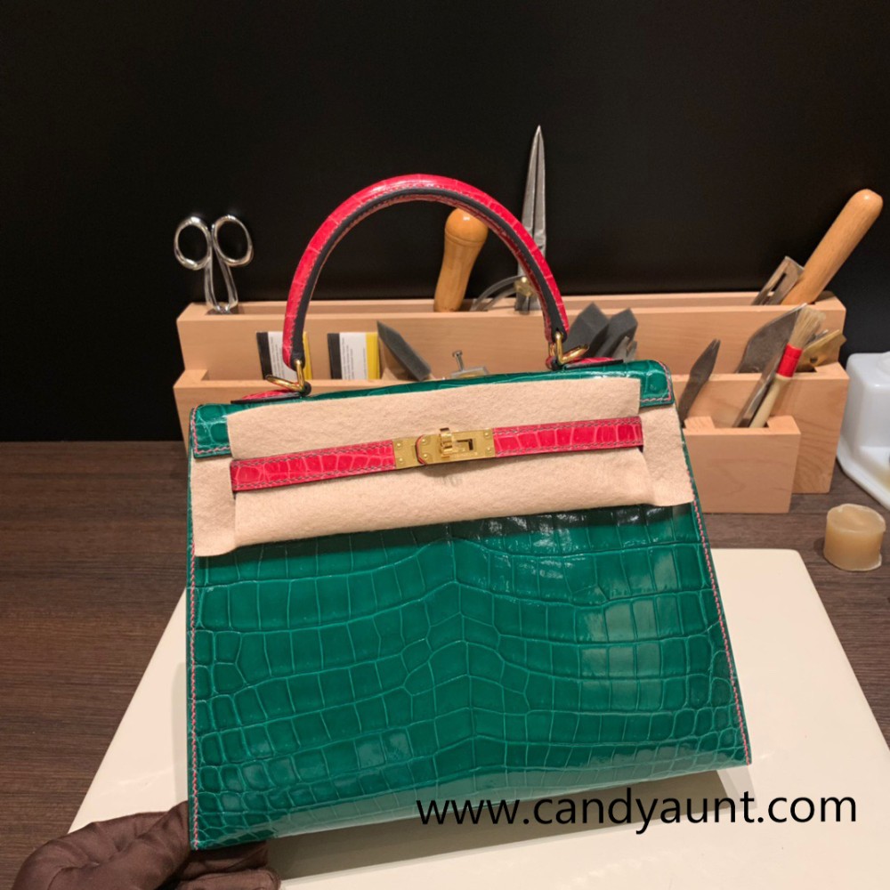 Hermes Kelly 25cm sellier Crocodile Niloticus 6Q/ Vert Emeraude & 5J Fuschia Gold Hardware Full Handmade 003