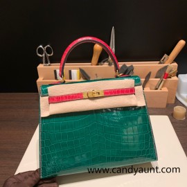 Hermes Kelly 25cm sellier Crocodile Niloticus 6Q/ Vert Emeraude & 5J Fuschia Gold Hardware Full Handmade 003
