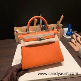 Hermes Kelly 25cm togo 93 /Orange Silver Hardware Full Handmade 041