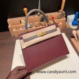 Hermes Kelly 25cm sellier Epsom touch 57/ Bordeaux & 8F/ Etain Gold Hardware Full Handmade 052