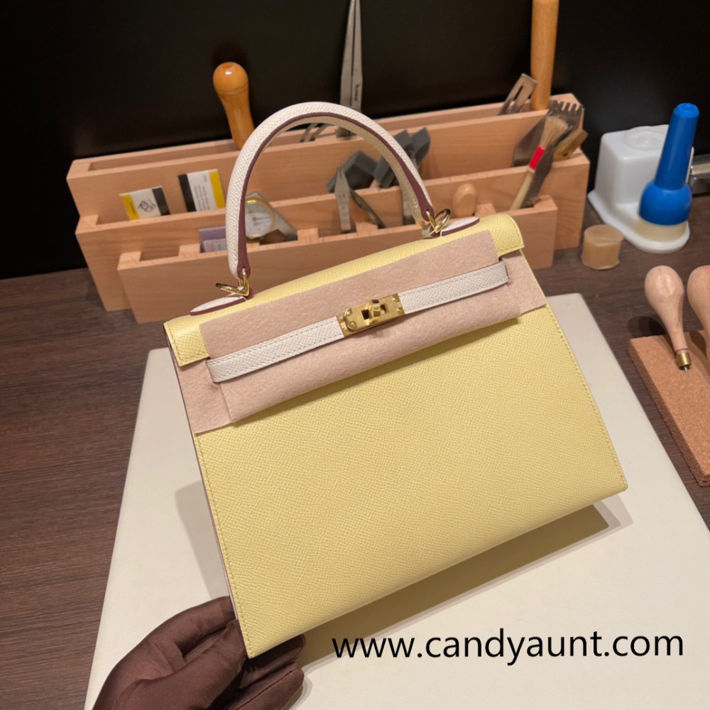 Hermes Kelly 25cm sellier Epsom 1Z/ Jaune Poussin & 10 /Craie Gold Hardware Full Handmade 097