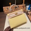 Hermes Kelly 25cm sellier Epsom 1Z/ Jaune Poussin & 10 /Craie Gold Hardware Full Handmade 097