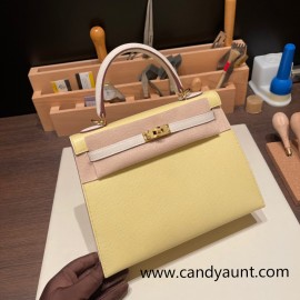 Hermes Kelly 25cm sellier Epsom 1Z/ Jaune Poussin & 10 /Craie Gold Hardware Full Handmade 097