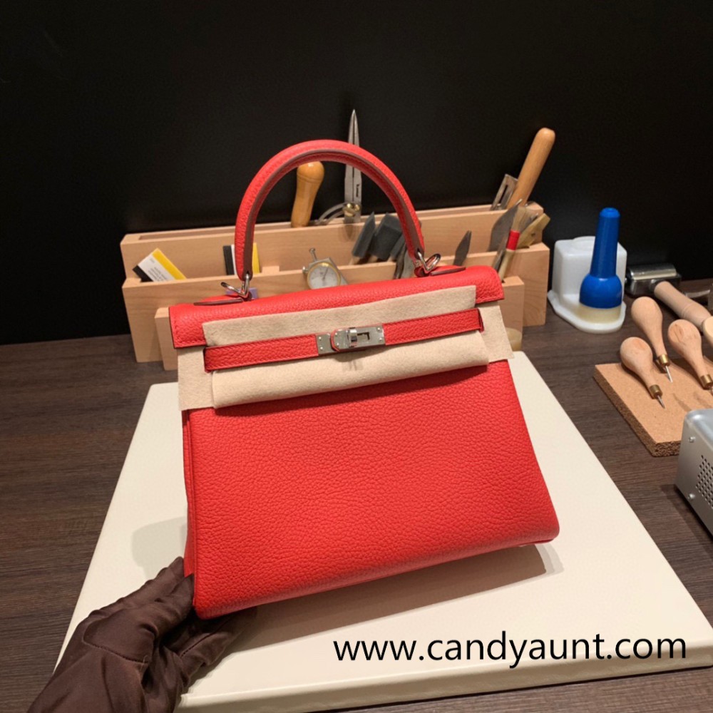 25cm Kelly  25 Togo kelly 25cm togo  S3/Rouge Cœur  Silver Hardware Full Handmade
