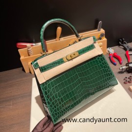 Hermes Kelly 28CM Shiny Crocodile 67 /Vert Fonce GoldHardware    FullHandmade 009