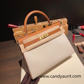 Hermes Kelly 32cm Barenia &canvas 34 /Fauve Gold Hardware  Full Handmade