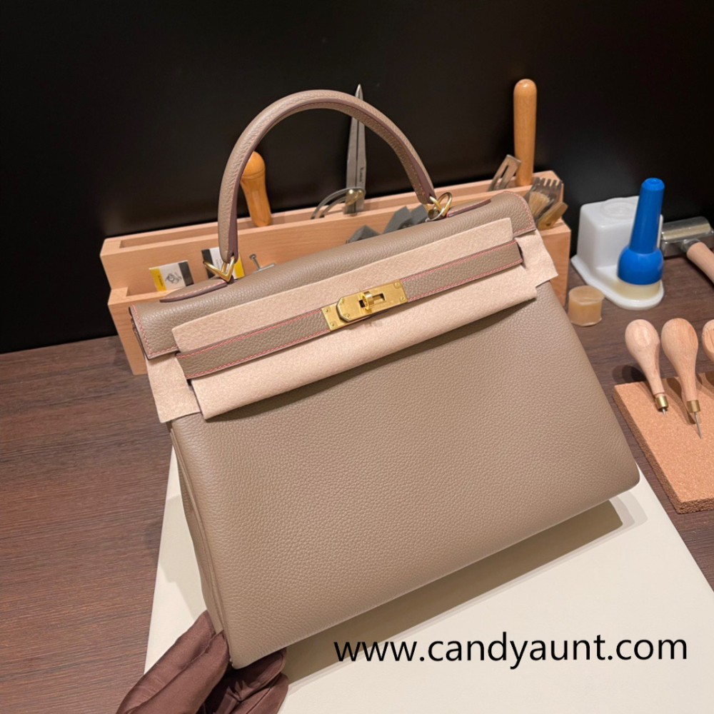 Hermes Kelly 32cm togo Gold Hardware 18 /Étoupe Grey & 8W /Rose Azalee Full Handmade