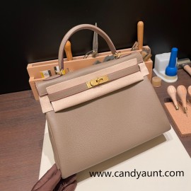 Hermes Kelly 32cm togo Gold Hardware 18 /Étoupe Grey & 8W /Rose Azalee Full Handmade