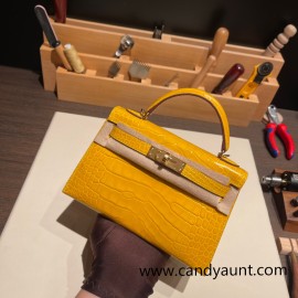 Hermes kelly20 Alligateor Crocodile 19cm J5 /Rose Scheherazade Gold Hardware Full Handmade kellymini-098