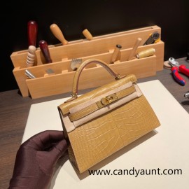 Hermes kelly20 Alligateor Crocodile 19cm 9D /Jaune Ambre Gold Hardware  Full Handmade kellymini-099