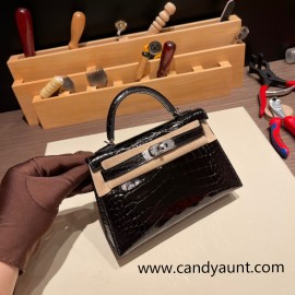 Hermes kelly20 Alligateor 80/ Pearl Grey& 7T /Blue Electric Silver Hardware Full Handmade kellymini-101
