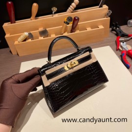 Hermes kelly20 Alligateor 89/ Black (Noir) Silver Hardware Full Handmade kellymini-102