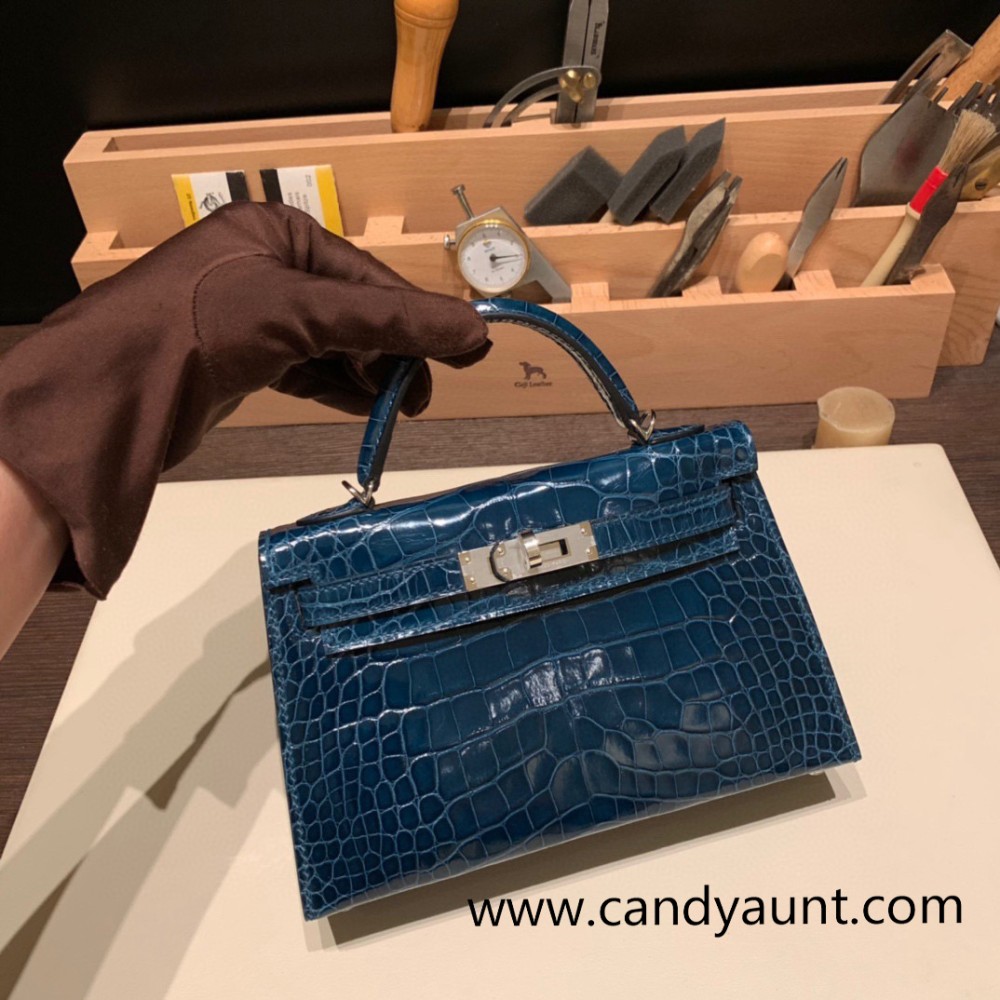 Hermes kelly20 Alligateor crocodile 89 /Black (Noir) Gold Hardware Full Handmade kellymini-105