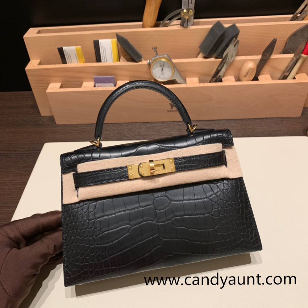 Hermes kelly20 Matte Mini Kelly Alligateor crocodile 5P /Pink Gold Hardware Full Handmade kellymini-109