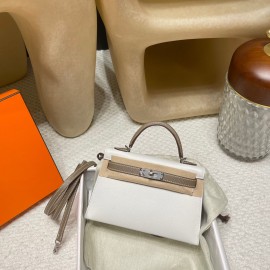  Silver Hardware   01 White&18/Étoupe Grey Epsom   Full Handmade  Kelly mini  