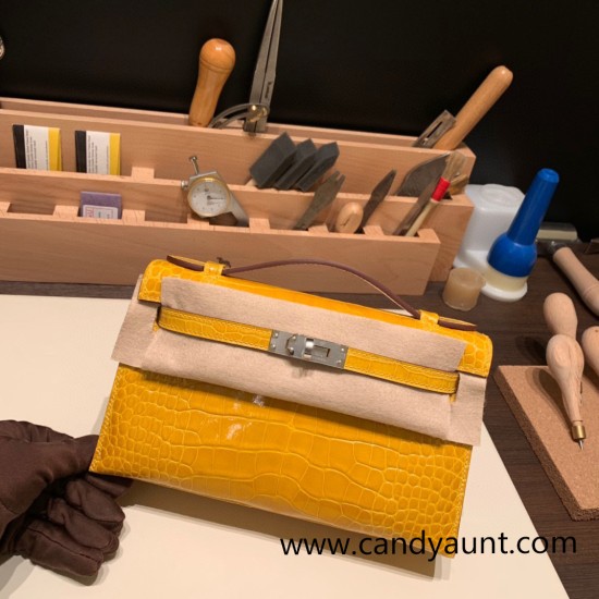 Hermes Kelly pochette Alligateor 9D /Jaune Ambre Silver Hardware Pochette--002 Hermes Kelly pochette Alligateor 9D /Jaune Ambre Silver Hardware Pochette--002