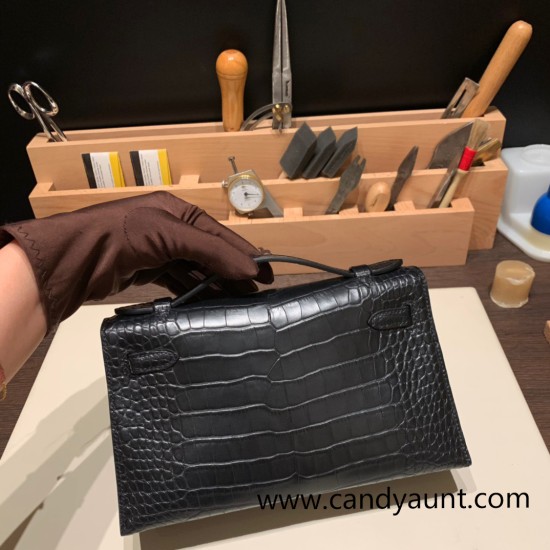 Hermes Kelly pochette Matte Alligateor 89 /Black (Noir) Silver Hardware Pochette--003 Hermes Kelly pochette Matte Alligateor 89 /Black (Noir) Silver Hardware Pochette--003