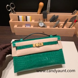 6Q/ Vert Emeraude Gold Hardware  kelly pochette  Crocodile Alligator 