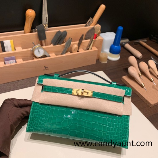 Hermes Kelly pochette Crocodile Alligator 6Q/ Vert Emeraude Gold Hardware Pochette--005 Hermes Kelly pochette Crocodile Alligator 6Q/ Vert Emeraude Gold Hardware Pochette--005