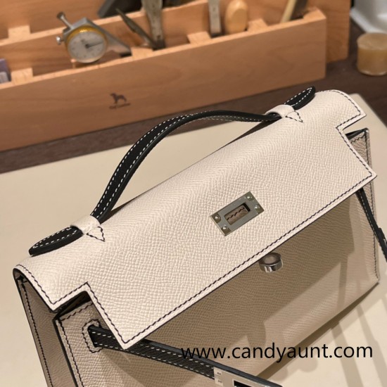 Hermes Kelly pochette Epsom 10/ Craie & 89 /Black (Noir) Silver Hardware Pochette--009 Hermes Kelly pochette Epsom 10/ Craie & 89 /Black (Noir) Silver Hardware Pochette--009