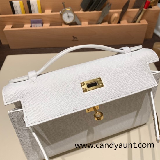 Hermes Kelly pochette epsom 01 /White (Blanc) Gold Hardware Pochette--011 Hermes Kelly pochette epsom 01 /White (Blanc) Gold Hardware Pochette--011