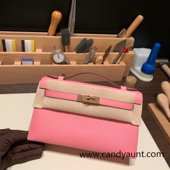 Hermes Kelly pochette Epsom 1Q/Rose Confetti Roseglod Hardware Pochette--013 Hermes Kelly pochette Epsom 1Q/Rose Confetti Roseglod Hardware Pochette--013